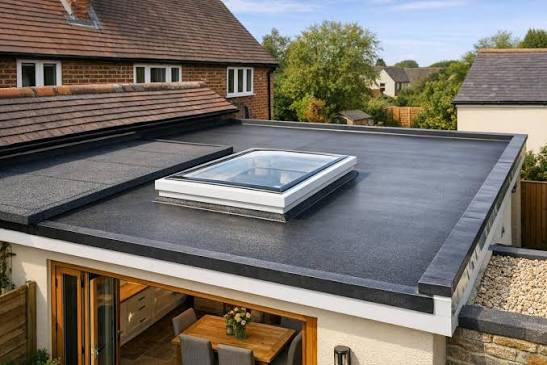 EPDM rubber flat roof with skylight